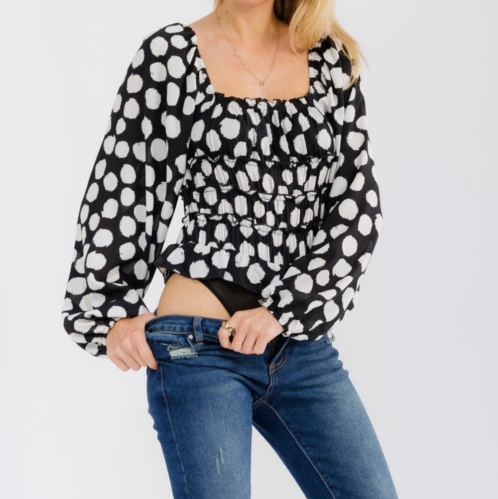 Entro Black Long Balloon Sleeve Polka Dot Bodysuit